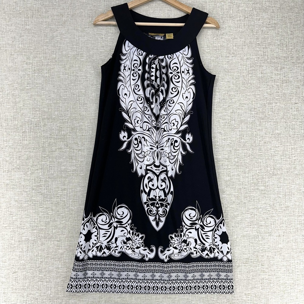Valerie Stevens Dress Womens PM Black Paisley Print Sleeveless Shift Knit A-Line